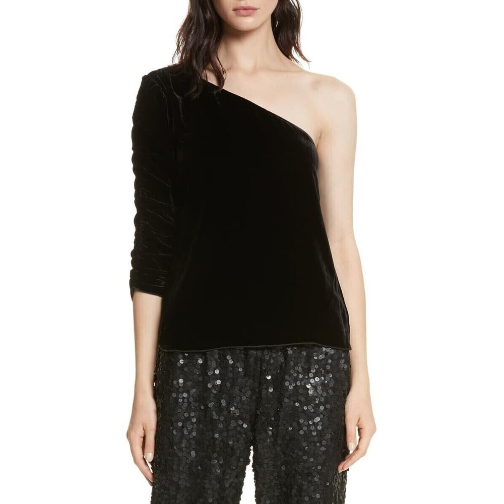 JOIE Womens Black One‎ Shoulder Velvet Black Blouse Ruched Sleeve Size 10